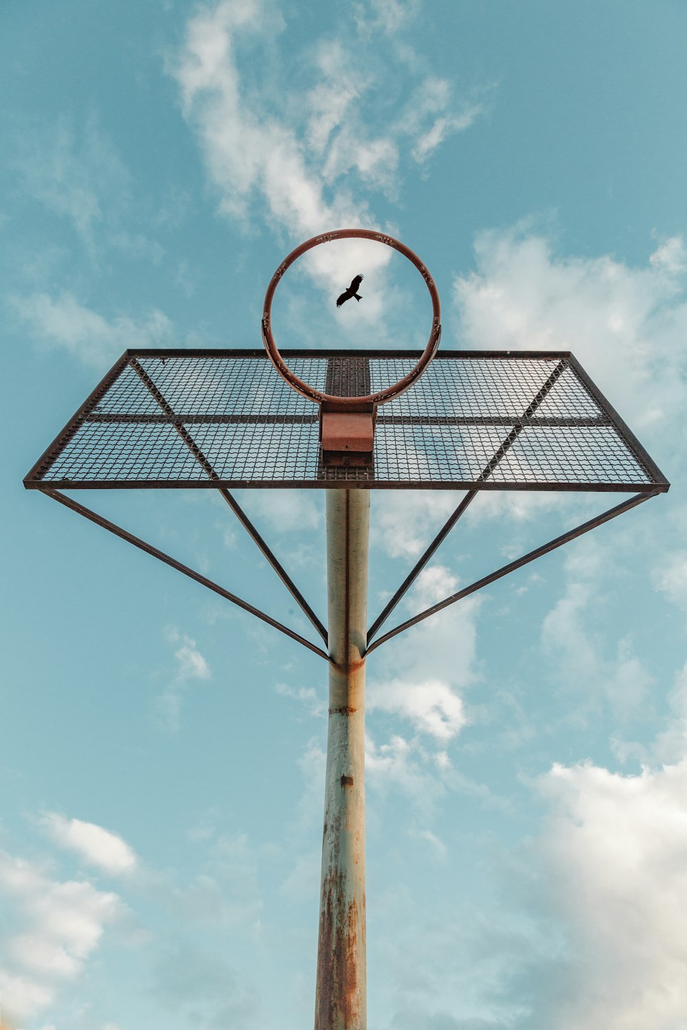 a bird sitting on top of a metal structure