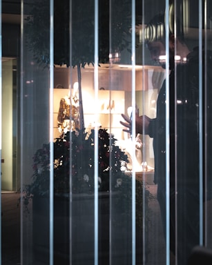 A reflective window display featuring a person standing inside a store, partially obscured by vertical lines from the glass. Behind the glass, mannequins showcase clothing and jewelry under warm lighting. A potted plant with flowers is also visible, adding contrast to the scene.