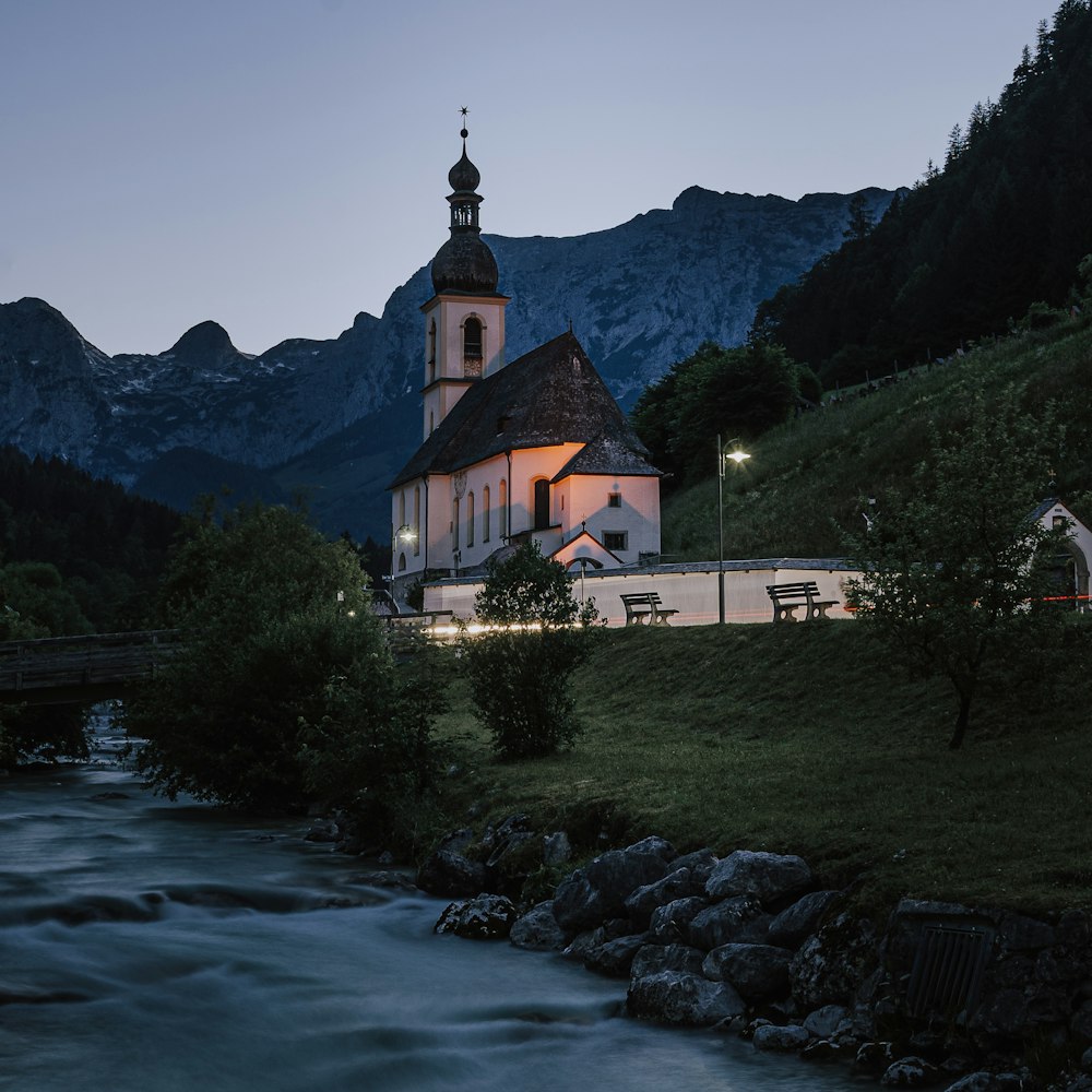 a church with a river running through it