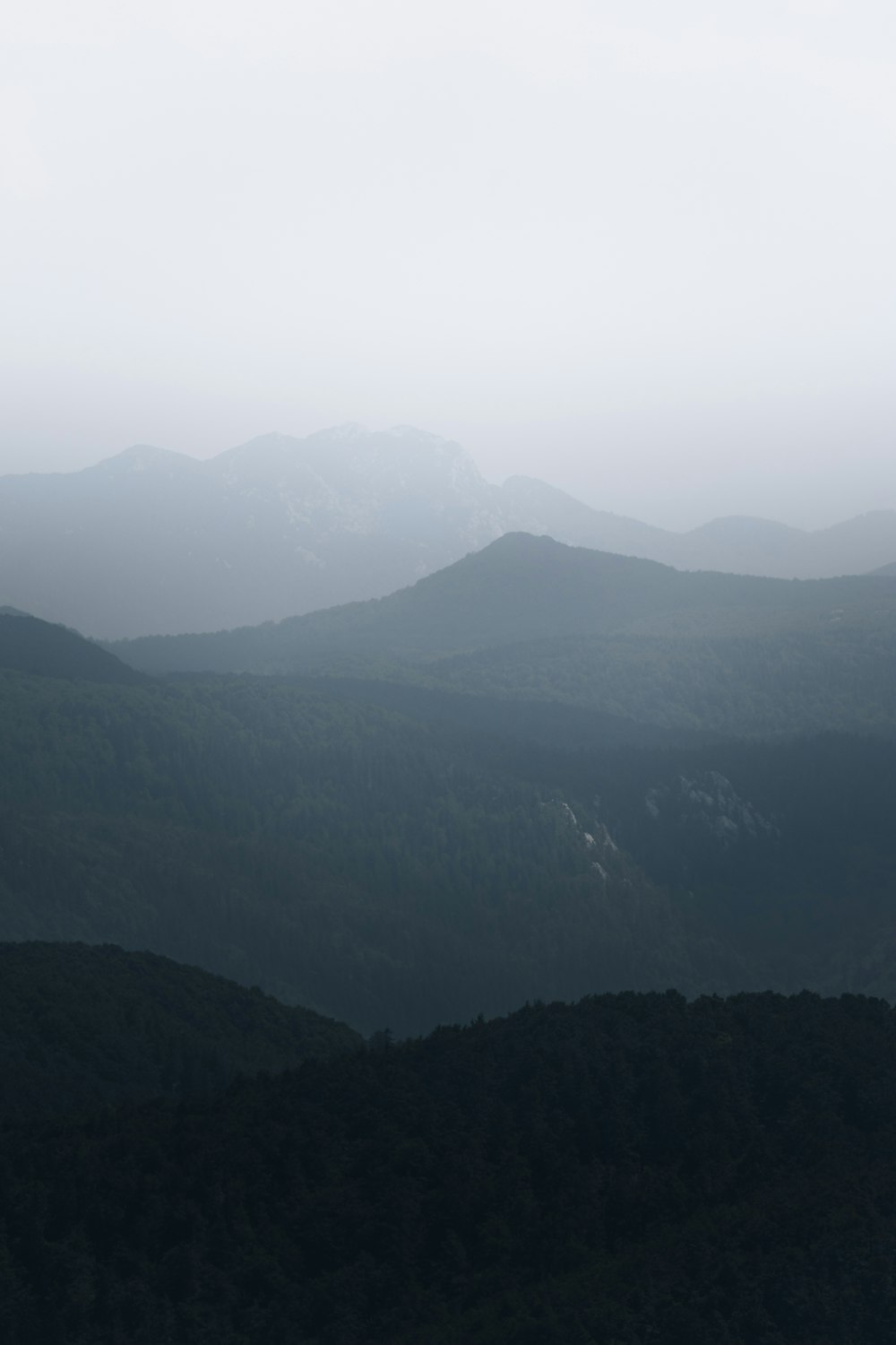 a view of a mountain range in the fog