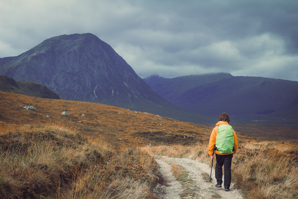 a person walking on a path in the mountains