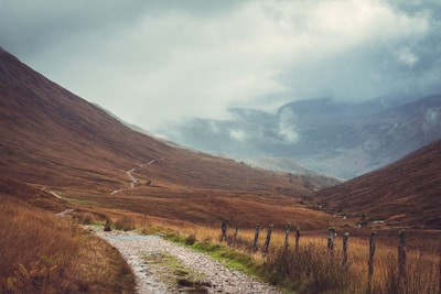 A winding trail cutting through vibrant green moorland under a cloudy sky.