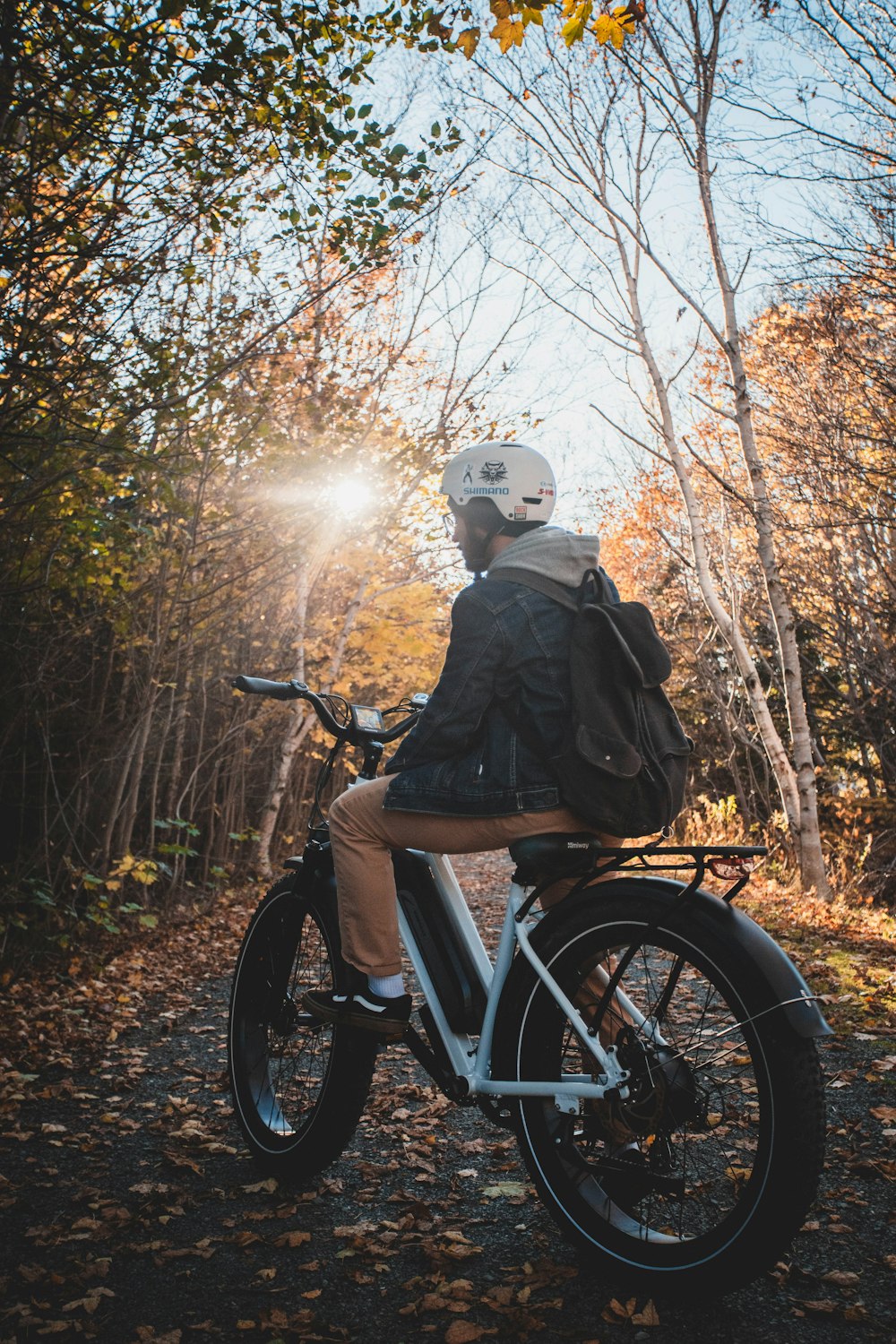 a person riding a bike in the woods