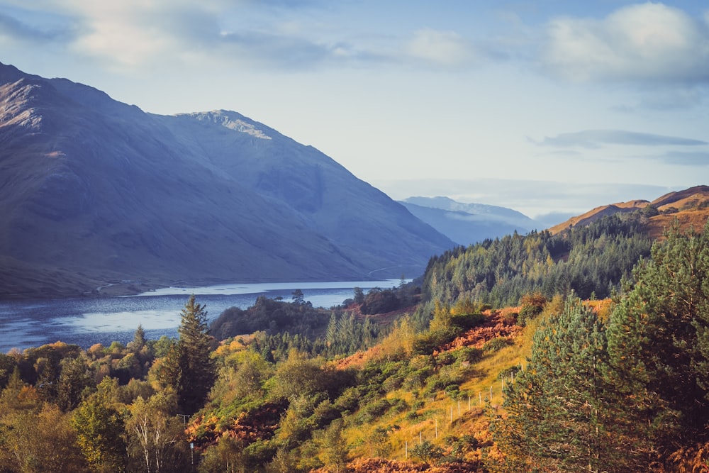 a scenic view of a lake surrounded by mountains