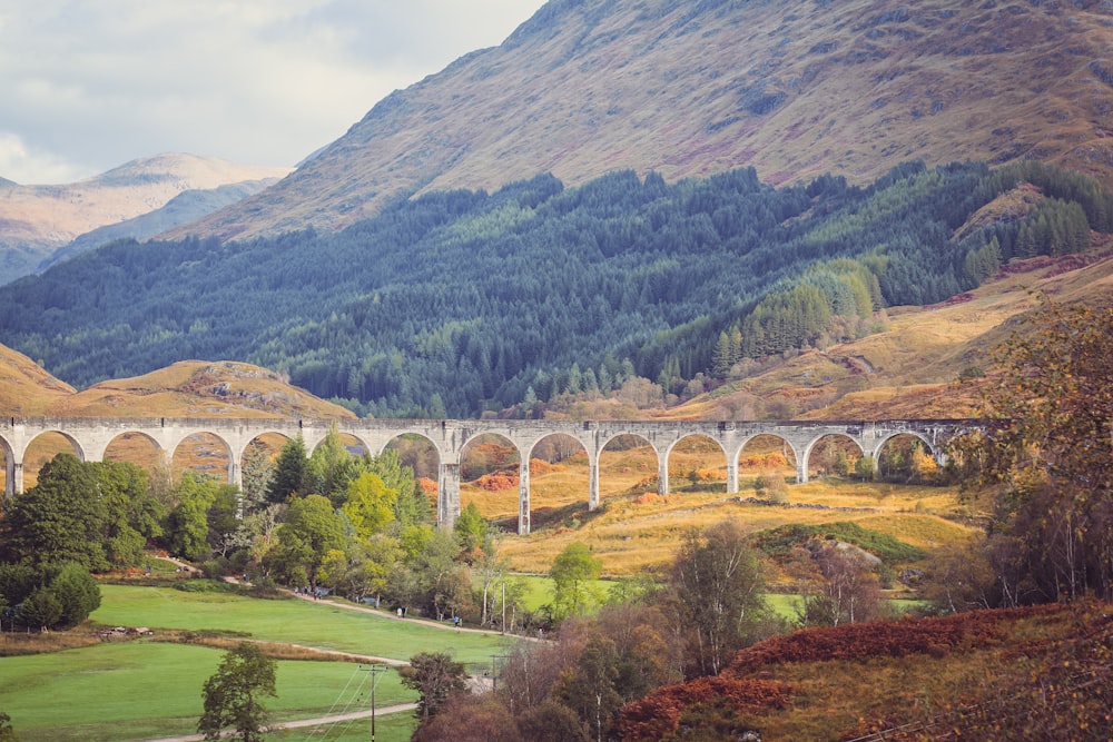 a train traveling over a bridge surrounded by mountains