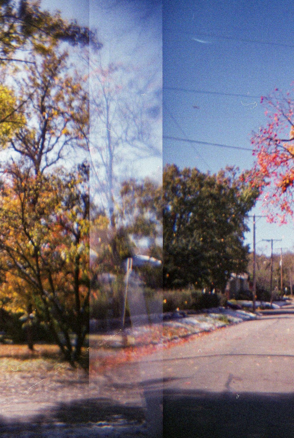 two pictures of a street with trees and a stop sign
