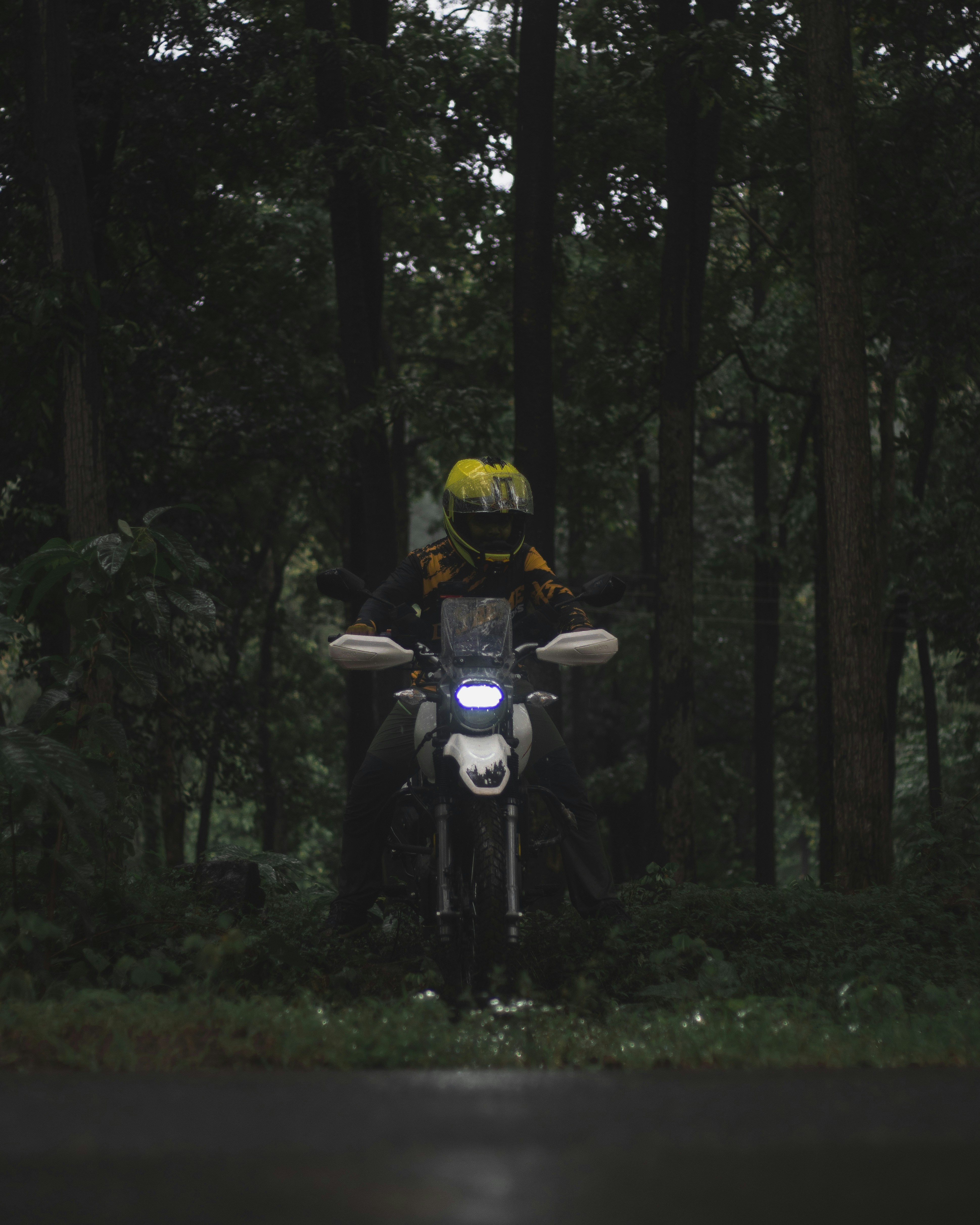 a person riding a motorcycle through a forest