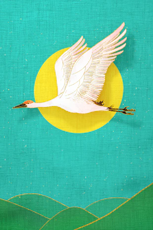 A serene Tai Chi diagram blending with a red-crowned crane and a welcoming pine tree in harmonious design.