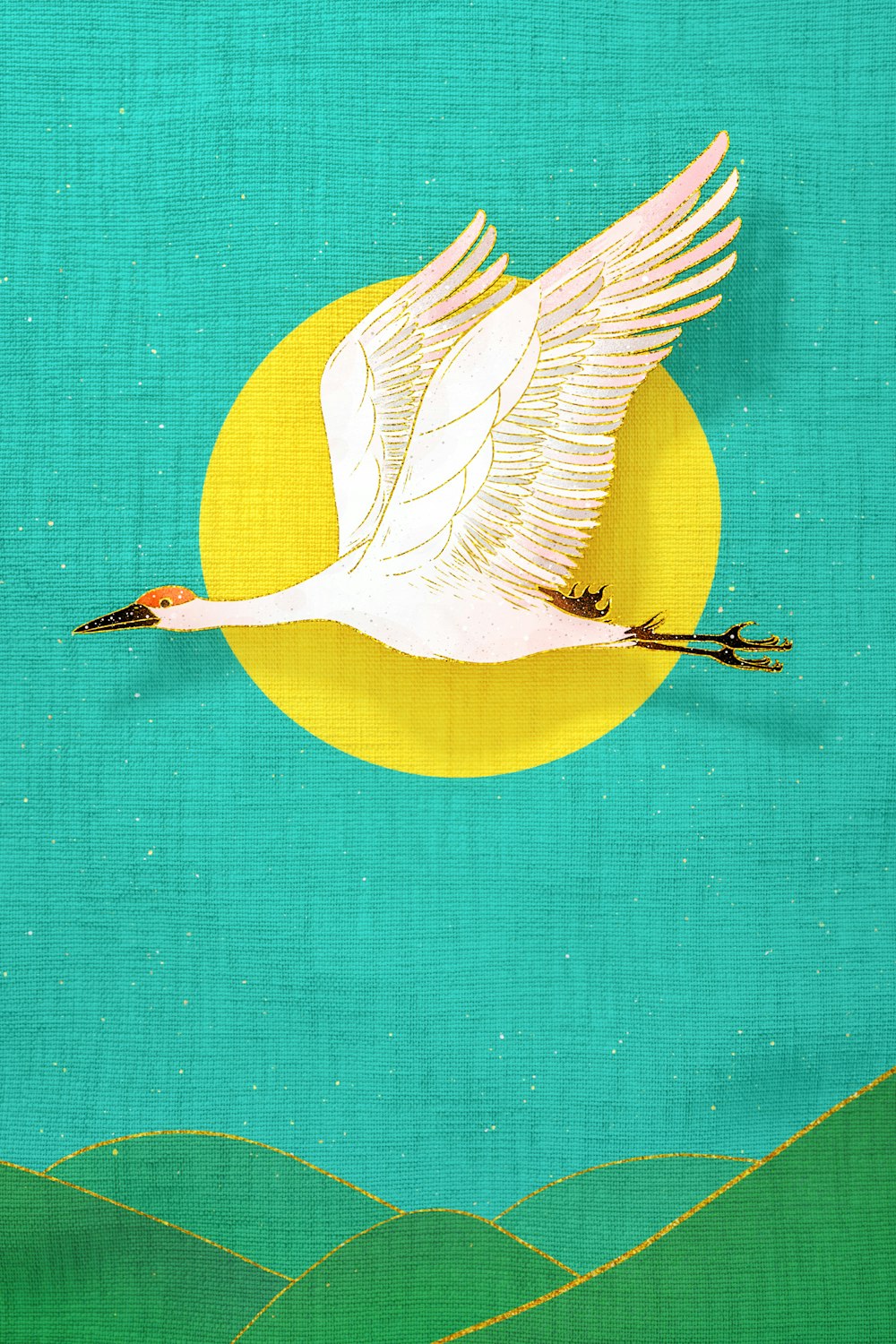 a painting of a white swan flying over a green field