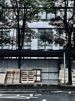 A street scene featuring several wooden pallets stacked against a wall. Behind the pallets, a building with reflective glass windows is partially obscured by the branches and leaves of nearby trees. The ground is paved, and several stacks of packaged material are visible to the right.