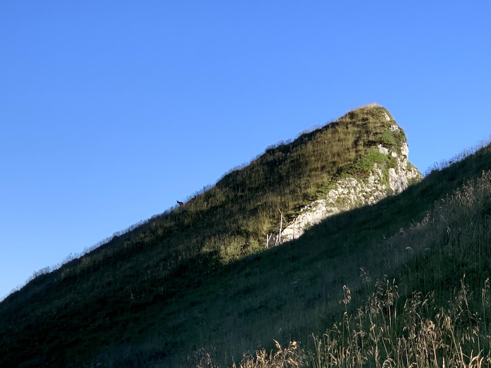 a grassy hill with a large rock on top of it