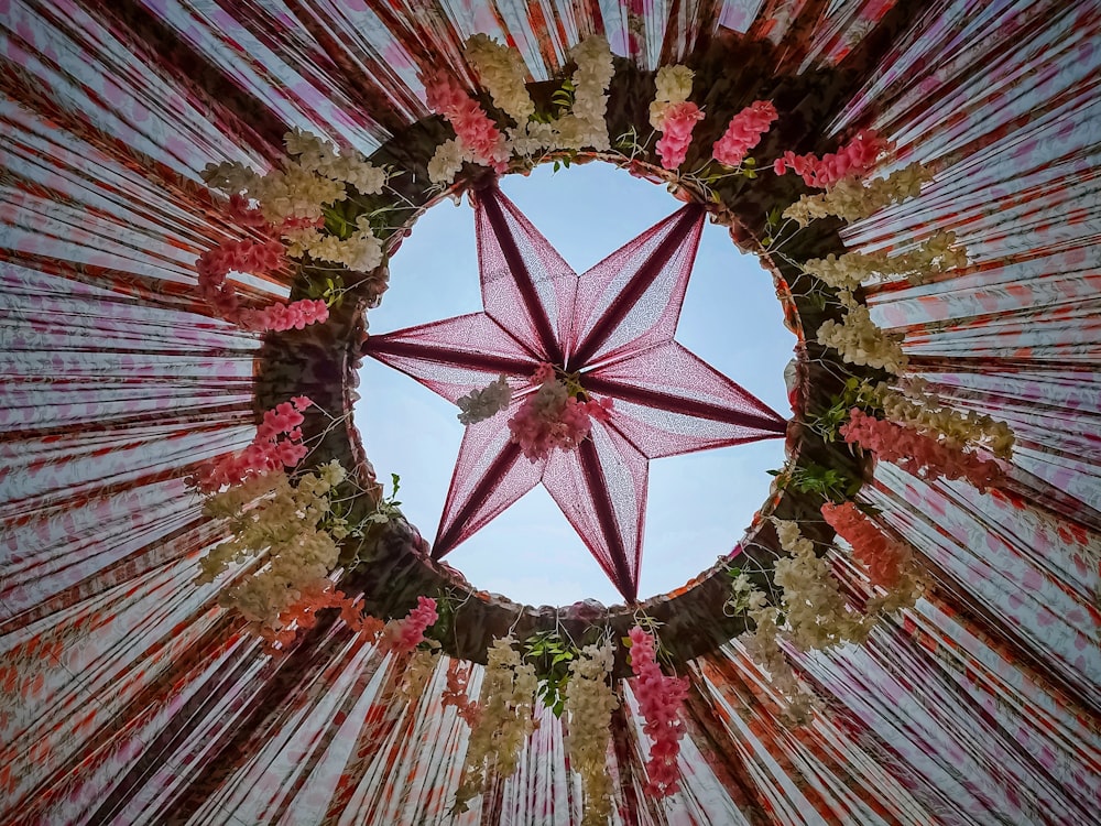a view of a star in the middle of a flower arrangement