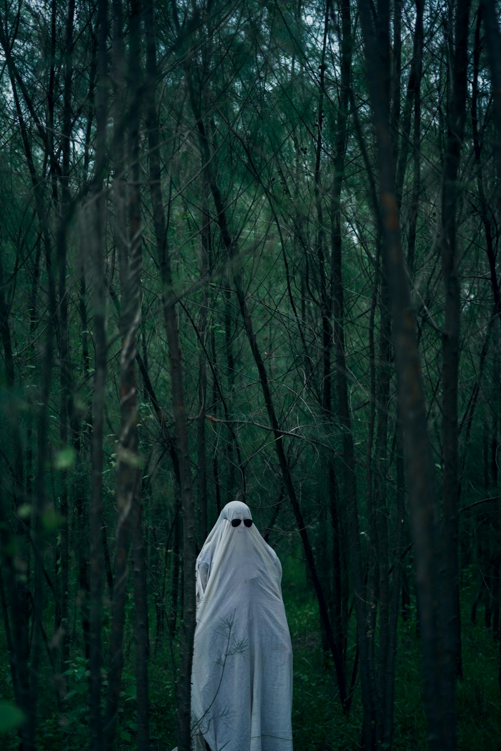 Eine geisterhafte Person in einem weißen Umhang in einem Wald