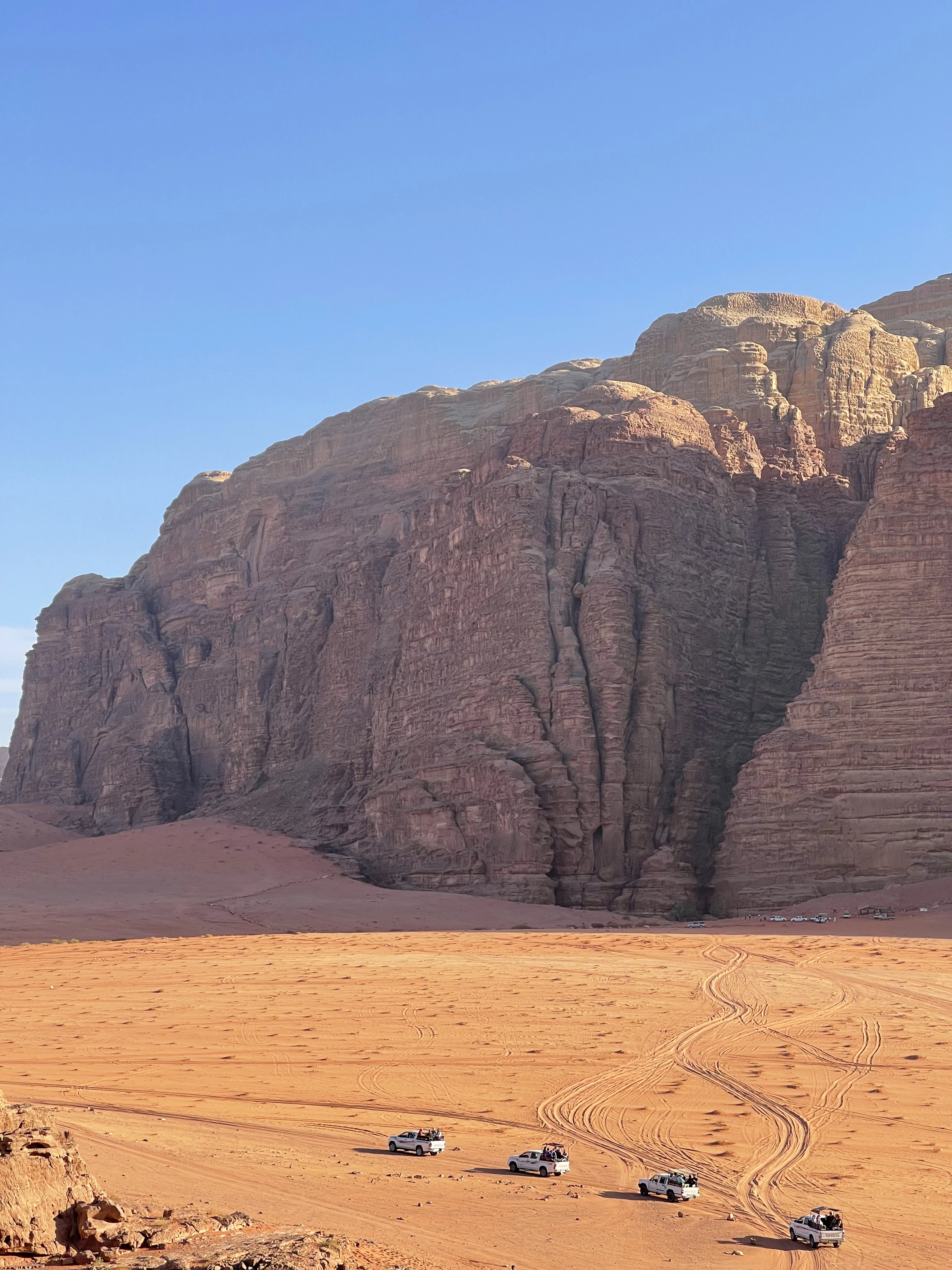 Four open-backed 4x4 pickups crossing the red sand floor of Wadi Rum in convoy, tyre tracks fanning out behind them beneath a vast banded sandstone cliff.