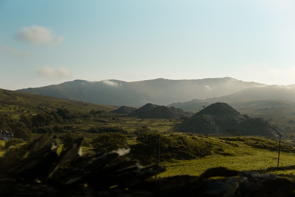 a grassy field with mountains in the background