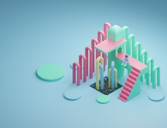 Pastel-colored geometric shapes forming a peaceful landscape with a small child praying.