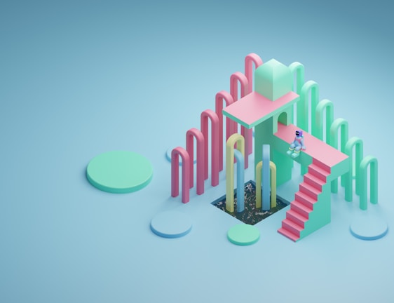 A surreal, pastel-colored abstract scene featuring a landscape with arched structures and a small figure sitting on a platform with stairs. The environment includes cylindrical objects and various geometric shapes, combining mint green and pink tones.