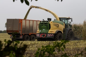 A large agricultural machine is actively harvesting a field, transferring cut crops into an adjacent container truck. The foreground features some foliage, partially framing the scene. The landscape is flat, with a gray overcast sky in the background.