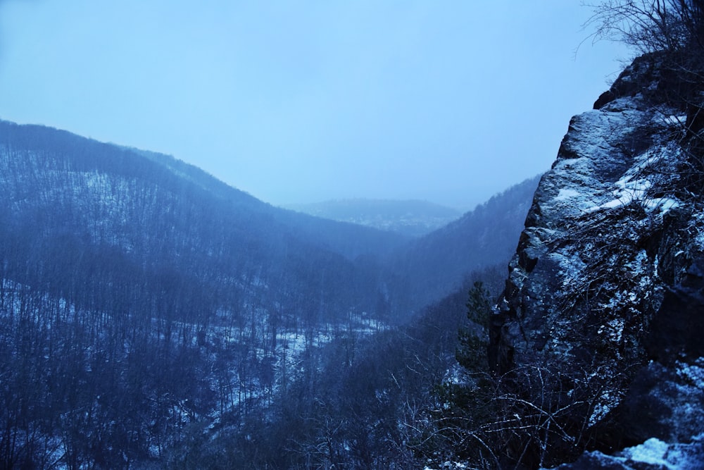 a view of a snowy mountain range with trees