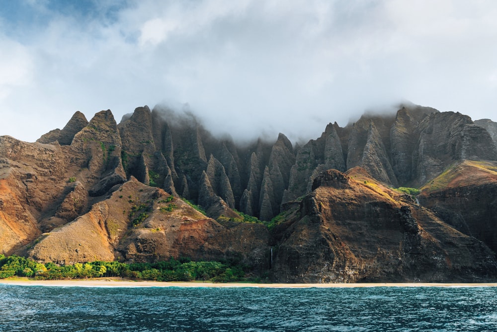 a mountain range with a body of water in front of it