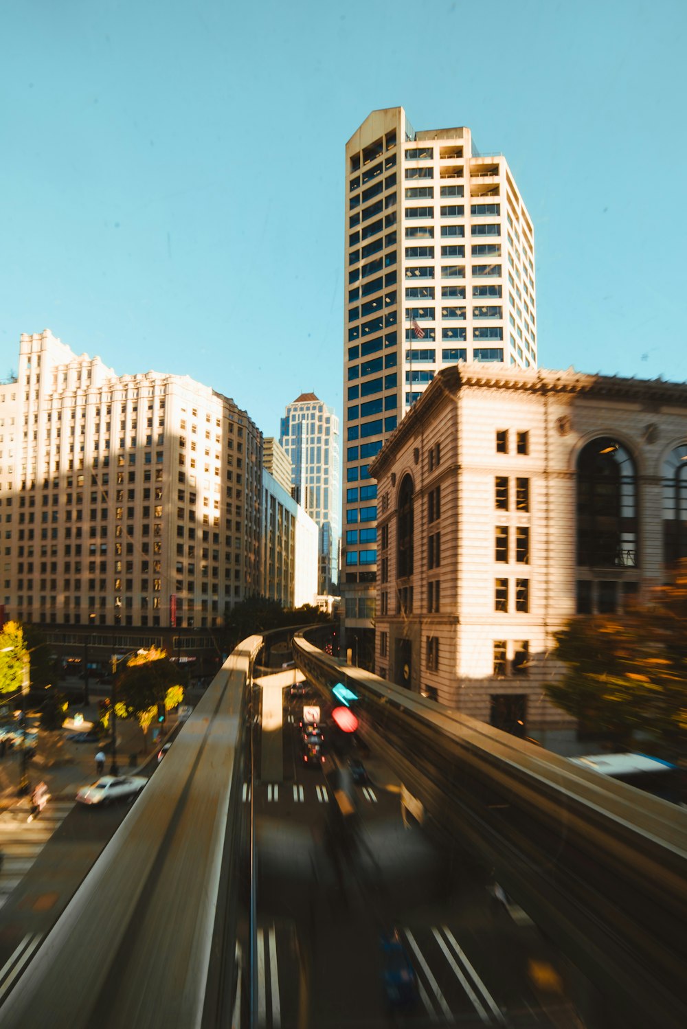 a view of a city from a moving car