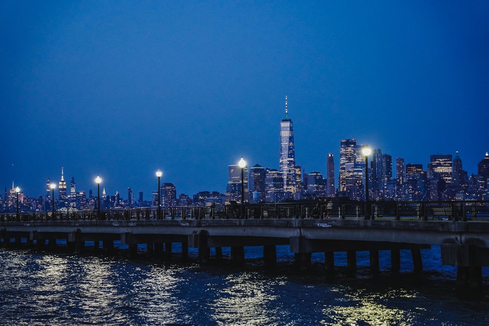 uma vista de uma cidade à noite a partir da água