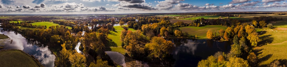 an aerial view of a lake surrounded by trees