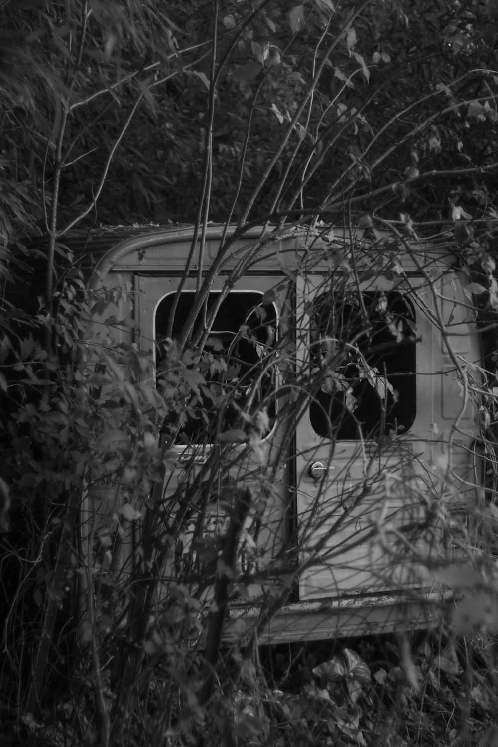 an old abandoned bus sitting in the middle of a forest
