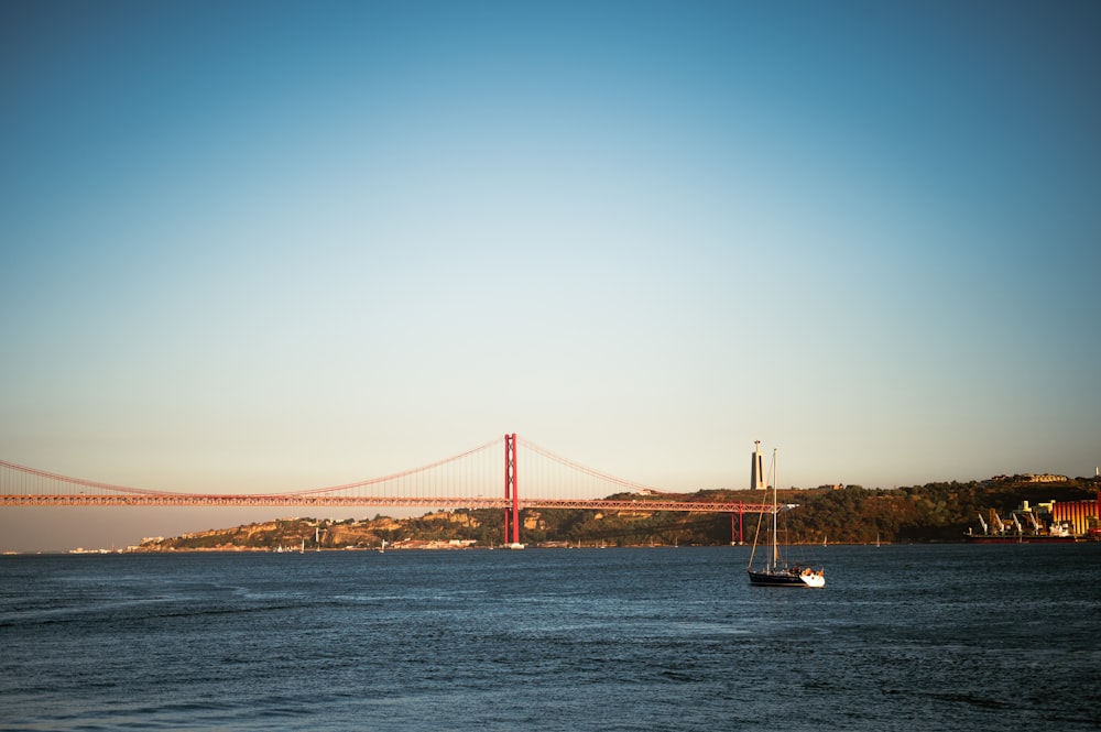 a boat is in the water near a bridge