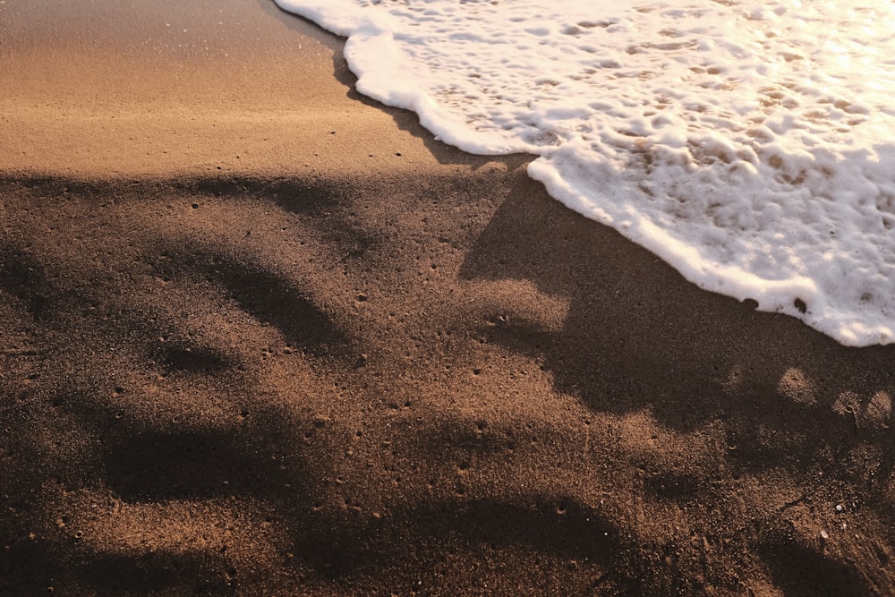 uma praia de areia com uma onda que vem para a costa