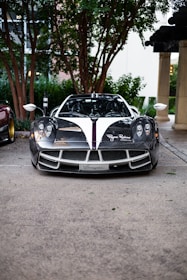A sleek, high-performance sports car is parked on a street, surrounded by lush green trees. The front view prominently displays its aerodynamic design, with carbon fiber detailing and a distinctive white racing stripe down the center. The setting is urban with sparse pedestrian presence.