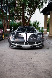 A sleek, high-performance sports car is parked on a street, surrounded by lush green trees. The front view prominently displays its aerodynamic design, with carbon fiber detailing and a distinctive white racing stripe down the center. The setting is urban with sparse pedestrian presence.