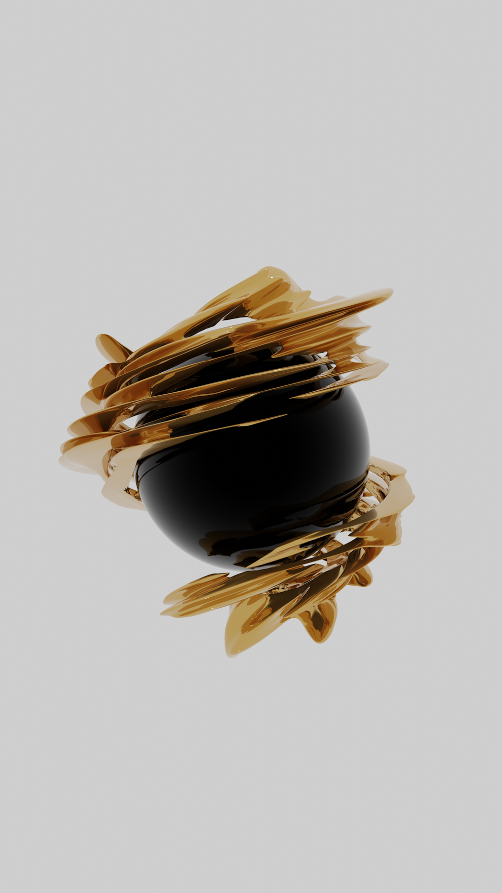 Ein schwarz-goldenes Objekt schwebt in der Luft