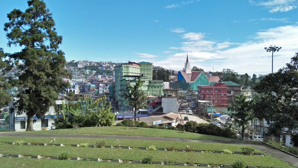 a grassy hill with a city in the background