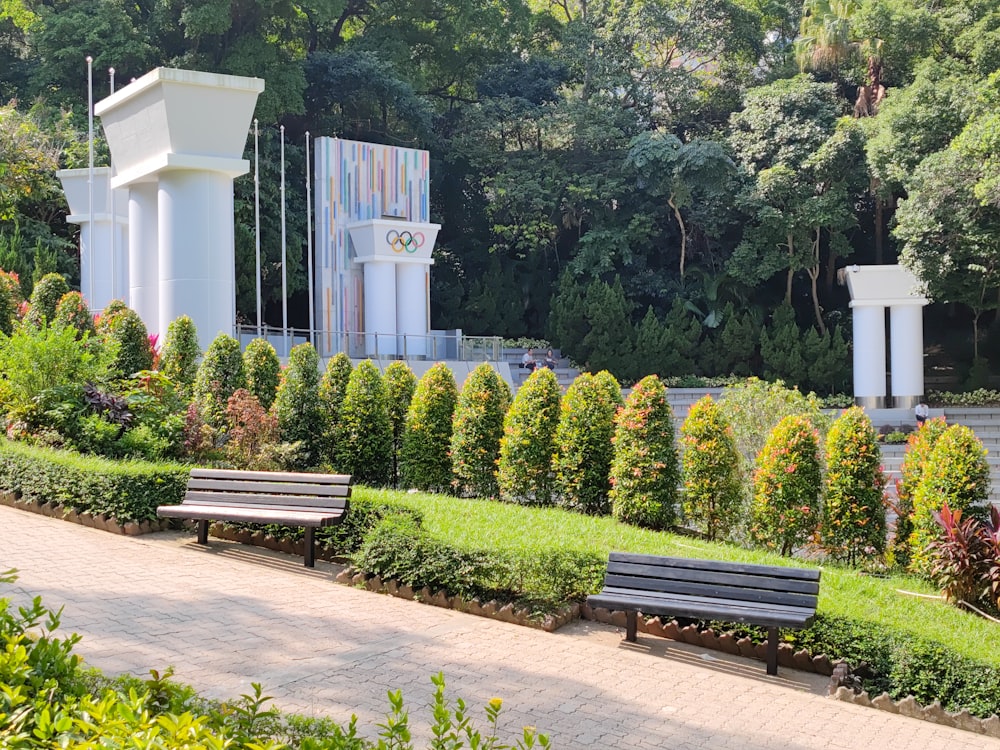 a couple of benches sitting next to a lush green park