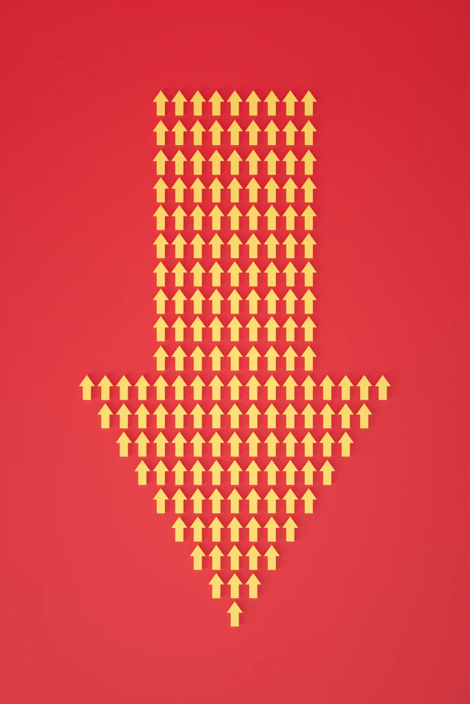 a red background with a yellow dotted arrow
