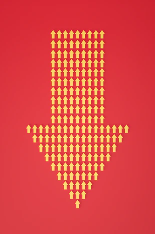 a red background with a yellow dotted arrow