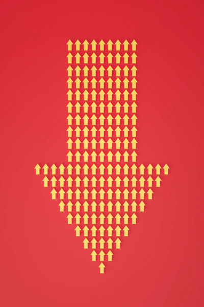 a red background with a yellow dotted arrow