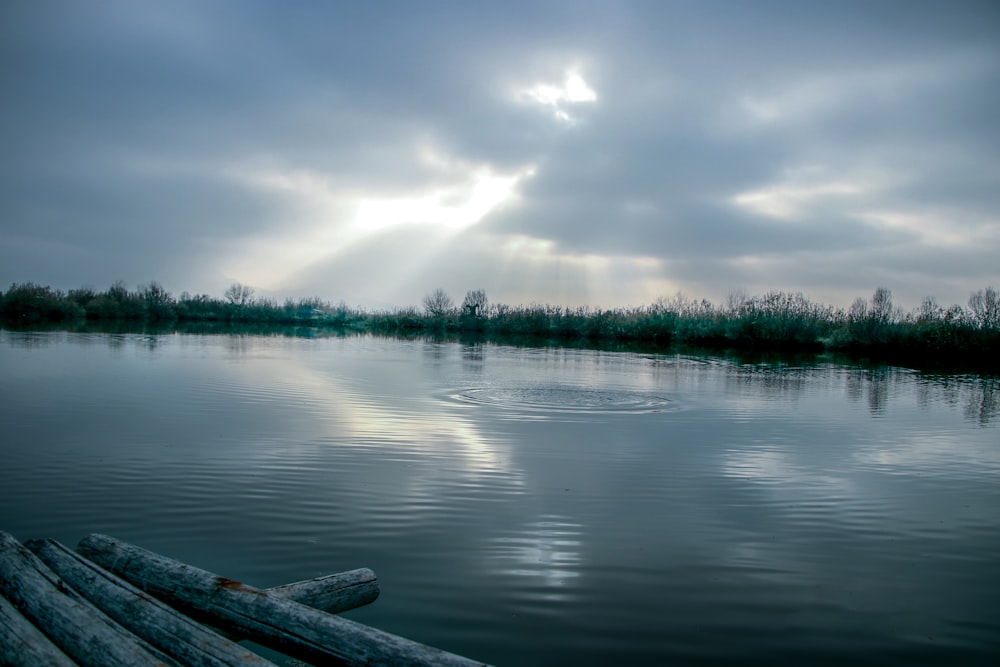 a body of water surrounded by trees under a cloudy sky