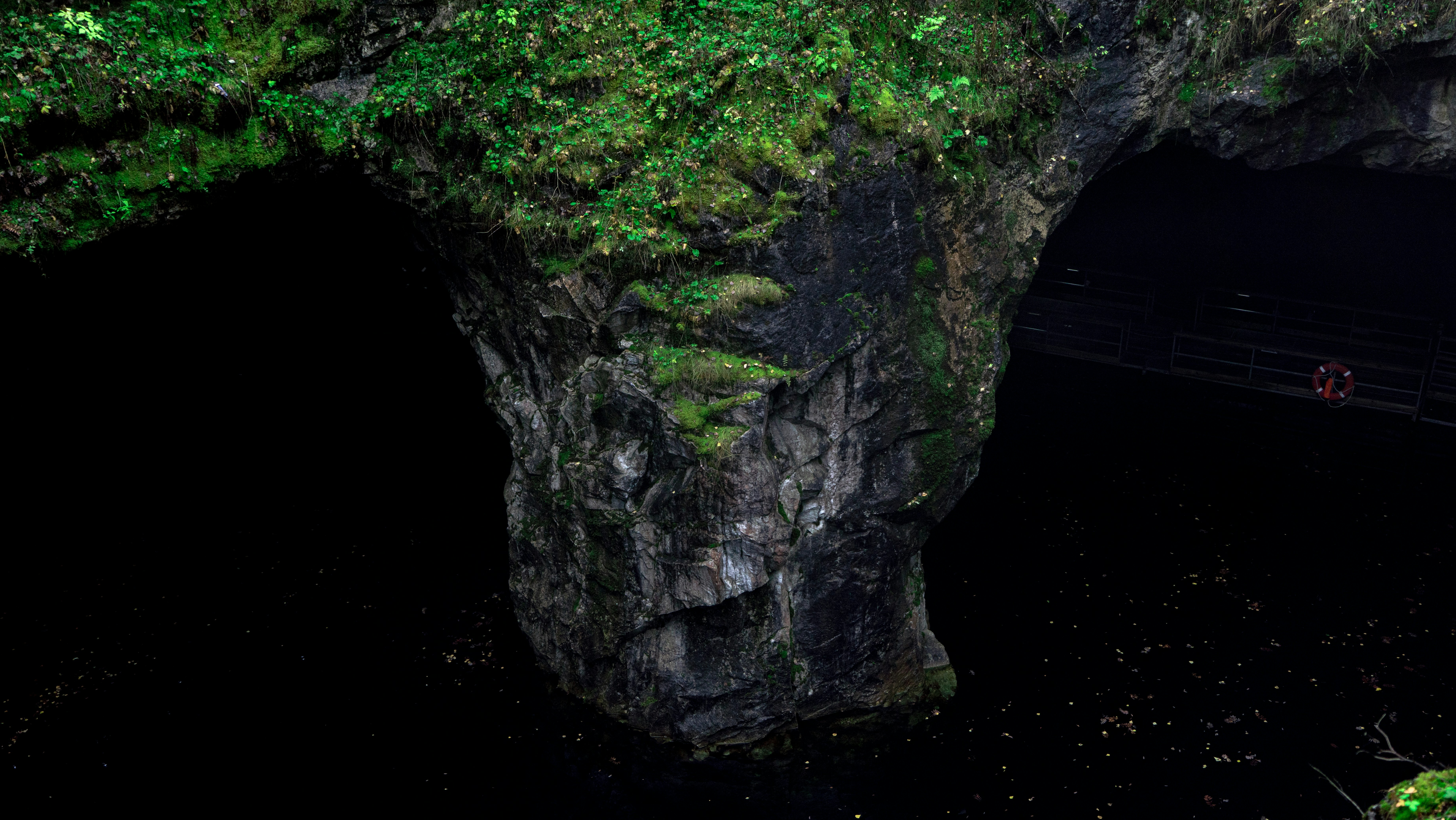 Eine dunkle Höhle mit Moos an den Wänden