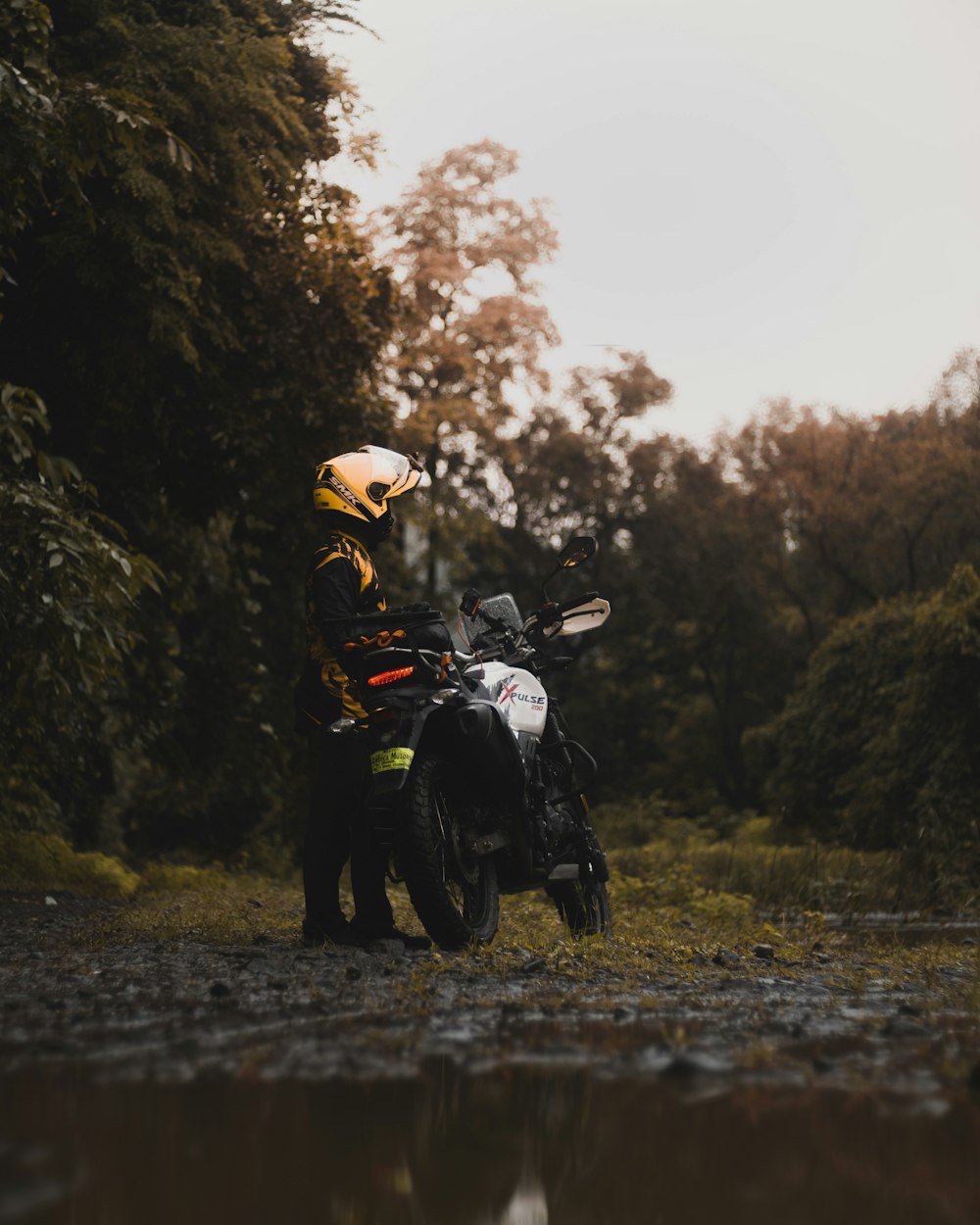 a person on a motorcycle in a wooded area