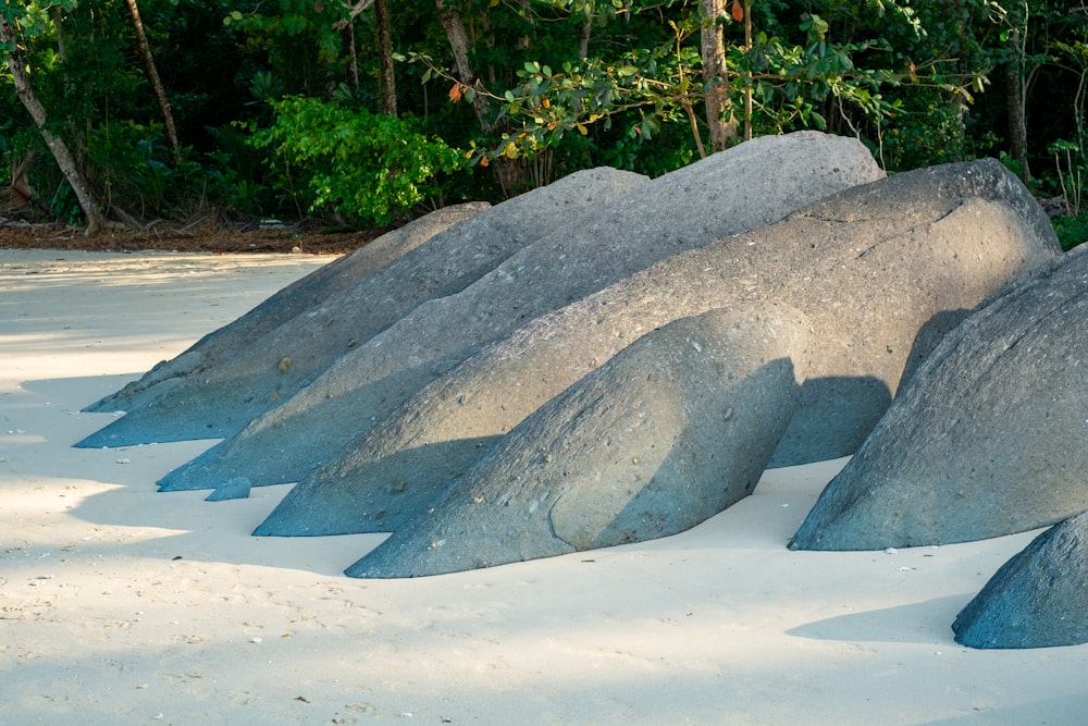 a group of rocks sitting on top of a sandy beach