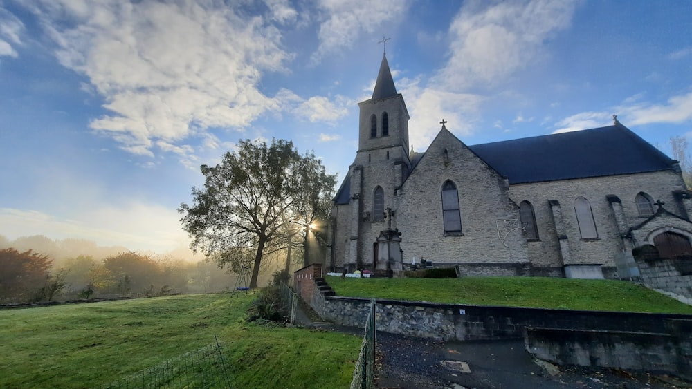 a church with a steeple and a steeple on top of it