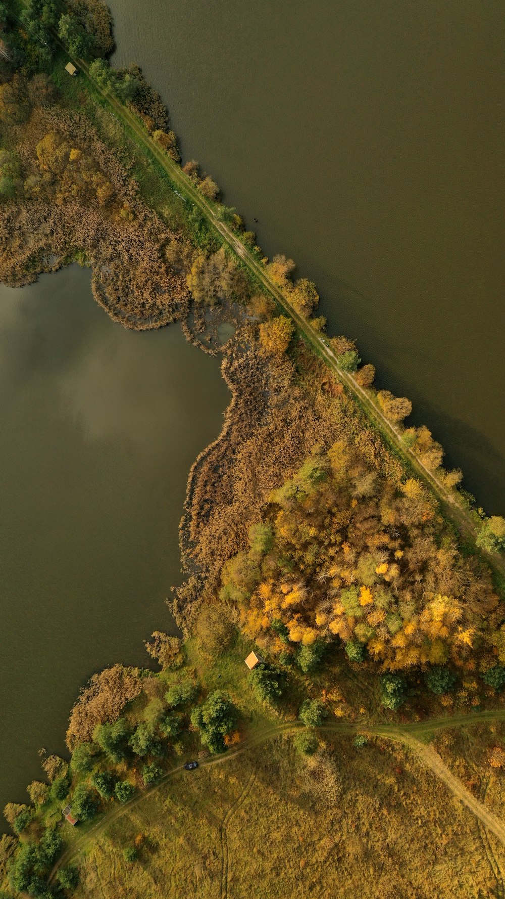 an aerial view of a river and a road
