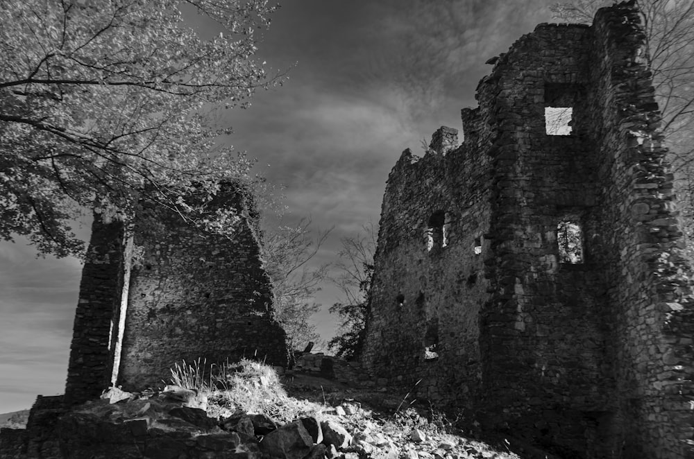 a black and white photo of an old castle