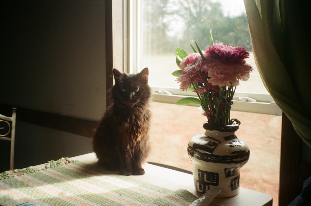 a cat sitting on a table next to a vase of flowers