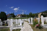A serene cemetery scene with white tombstones lining a stone path. The graves are surrounded by vibrant flowers and greenery, set against a backdrop of houses and a minaret rising in the distance. The sky is clear with a few fluffy white clouds, adding to the peaceful atmosphere.