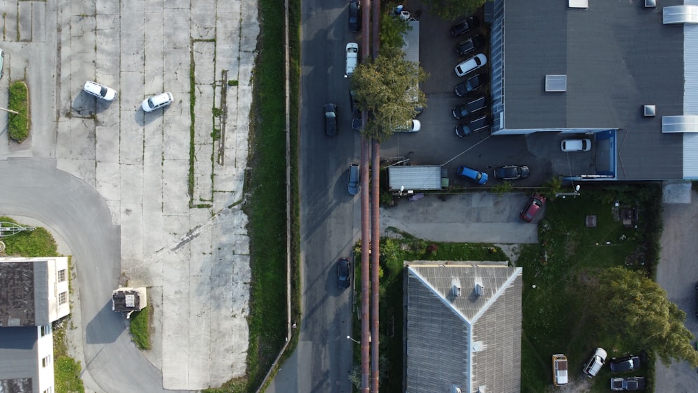 an aerial view of a parking lot and a parking lot