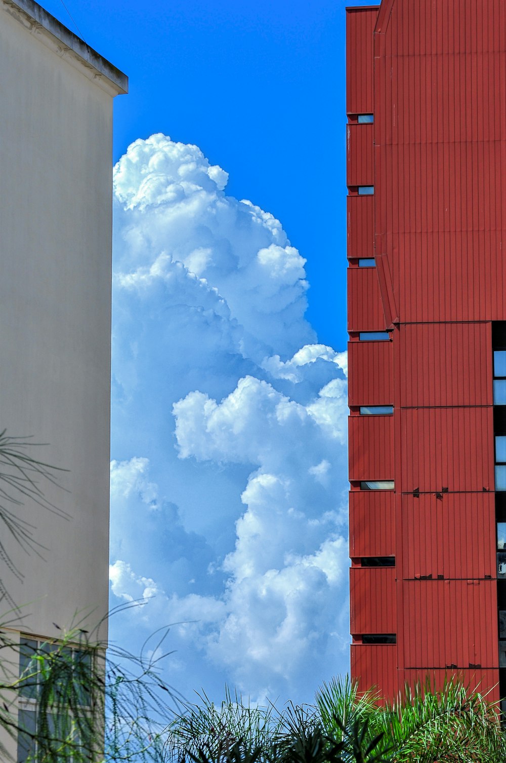 a red building and a white building with a blue sky in the background