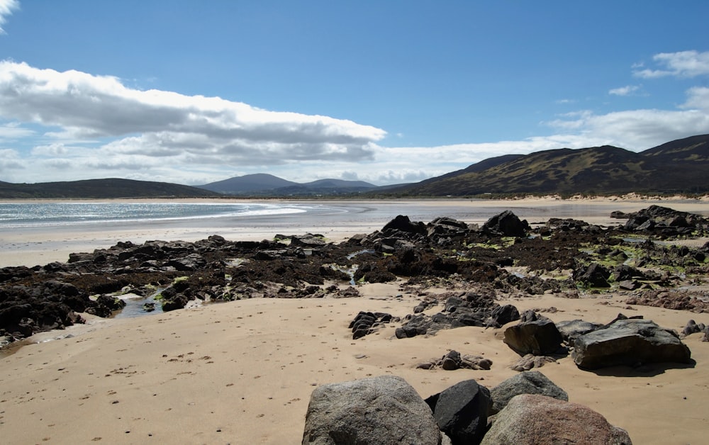 a sandy beach with rocks and water on it